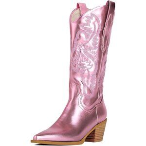 ✨ Women's Pink Cowgirl Boots Embroidered Cowboy Chunky Block Heel Western Boots